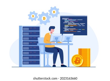 Bitcoin Mining With Supercomputer, Coin Farming, Cryptocurrency Concept, Flat Illustration Vector