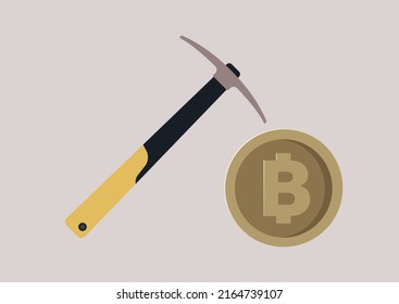 A bitcoin mining symbol, a golden btc token and a pick-axe, Web 3.0