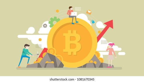 Bitcoin Mining Technology Tiny People Character Concept Vector Illustration, Suitable For Wallpaper, Banner, Background, Card, Book Illustration, Web Landing Page, and Other Related Creative