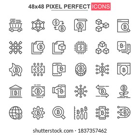 Bitcoin mining thin line icon set. Cryptocurrency fintech outline pictograms for web and mobile app GUI. Blockchain technology simple UI, UX vector icons. 48x48 pixel perfect pictogram pack.