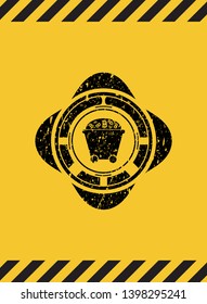 Bitcoin mining trolley icon black grunge emblem, yellow warning sign. Vector Illustration. Detailed.