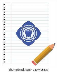 Bitcoin mining trolley icon draw (pen strokes). Blue ink. Vector Illustration. Detailed.
