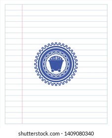 Bitcoin mining trolley icon emblem draw with pen effect. Blue ink. Vector Illustration. Detailed.