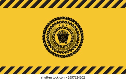 Bitcoin mining trolley icon grunge black emblem with yellow background, warning sign. Vector Illustration. Detailed.