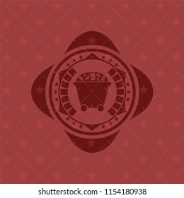 Bitcoin mining trolley icon inside realistic red emblem