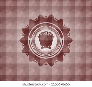 Bitcoin mining trolley icon inside red seamless badge with geometric pattern.