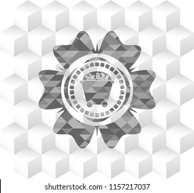 Bitcoin mining trolley icon inside grey icon or emblem with geometric cube white background