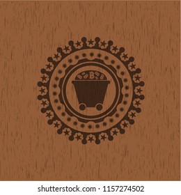Bitcoin mining trolley icon inside realistic wood emblem