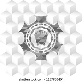Bitcoin mining trolley icon inside grey badge with geometric cube white background