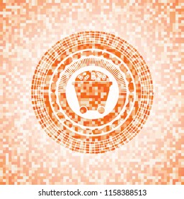 Bitcoin mining trolley icon inside abstract orange mosaic emblem