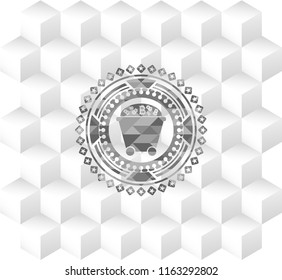 Bitcoin mining trolley icon inside grey emblem with geometric cube white background