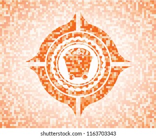 Bitcoin mining trolley icon inside abstract emblem, orange mosaic background