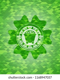 Bitcoin mining trolley icon inside green emblem. Mosaic background
