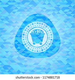 Bitcoin mining trolley icon inside light blue emblem with mosaic ecological style background