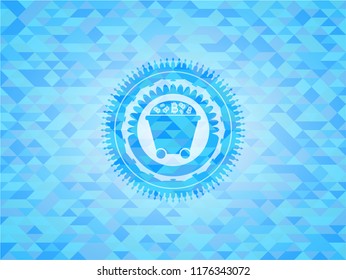 Bitcoin mining trolley icon inside realistic sky blue mosaic emblem