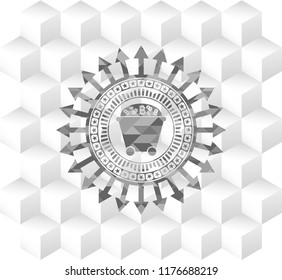 Bitcoin mining trolley icon inside retro style grey emblem with geometric cube white background