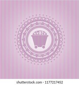 Bitcoin mining trolley icon inside pink emblem. Retro