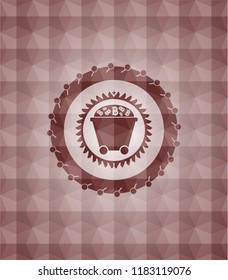 Bitcoin mining trolley icon inside red seamless badge with geometric background.