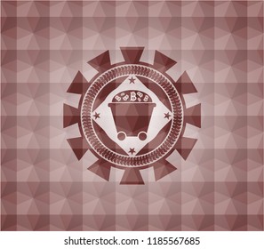 Bitcoin mining trolley icon inside red seamless emblem with geometric pattern background.