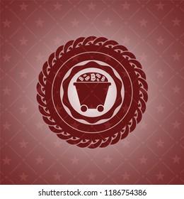 Bitcoin mining trolley icon inside red emblem. Vintage.