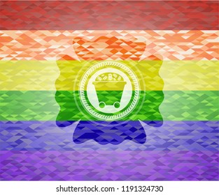 Bitcoin mining trolley icon inside emblem on mosaic background with the colors of the LGBT flag