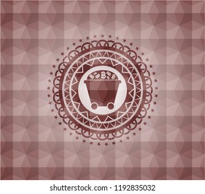 Bitcoin mining trolley icon inside red seamless badge with geometric background.