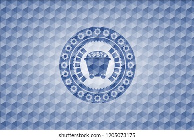 Bitcoin mining trolley icon inside blue hexagon emblem.