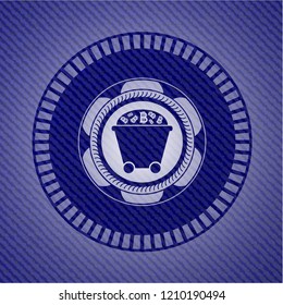 Bitcoin mining trolley icon inside emblem with denim high quality background