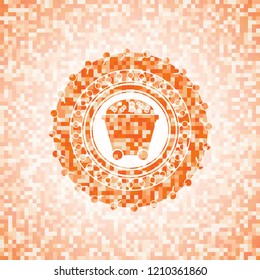 Bitcoin mining trolley icon inside abstract emblem, orange mosaic background