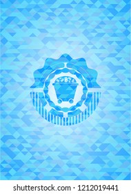 Bitcoin mining trolley icon inside light blue mosaic emblem