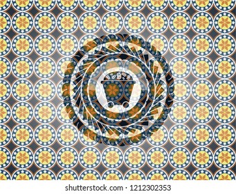 Bitcoin mining trolley icon inside arabic emblem background. Arabesque decoration.