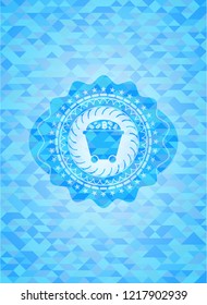 Bitcoin mining trolley icon inside realistic sky blue emblem. Mosaic background