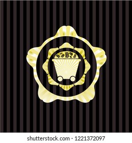 Bitcoin mining trolley icon inside golden emblem