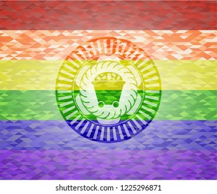 Bitcoin mining trolley icon inside emblem on mosaic background with the colors of the LGBT flag