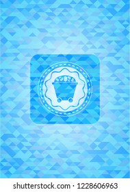 Bitcoin mining trolley icon inside light blue emblem with triangle mosaic background