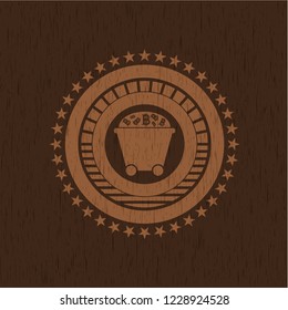 Bitcoin mining trolley icon inside realistic wooden emblem
