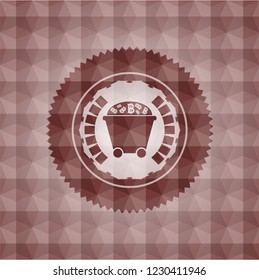 Bitcoin mining trolley icon inside red badge with geometric background. Seamless.