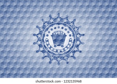 Bitcoin mining trolley icon inside blue hexagon badge.