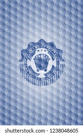 Bitcoin mining trolley icon inside blue emblem with geometric pattern background.