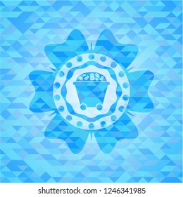 Bitcoin mining trolley icon inside light blue emblem with mosaic ecological style background