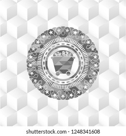 Bitcoin mining trolley icon inside grey emblem with cube white background