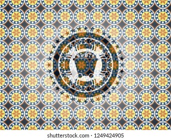 Bitcoin mining trolley icon inside arabesque badge. arabic decoration.