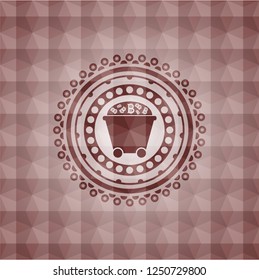 Bitcoin mining trolley icon inside red emblem with geometric pattern background. Seamless.