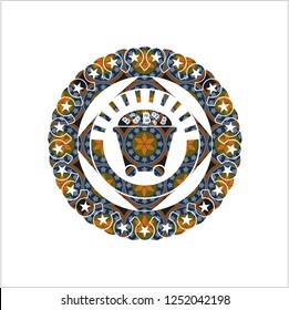 Bitcoin mining trolley icon inside arabic style badge. Arabesque decoration.