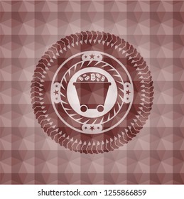 Bitcoin mining trolley icon inside red seamless emblem with geometric pattern.
