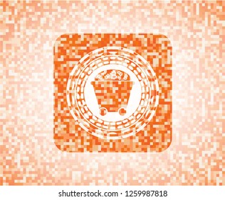 Bitcoin mining trolley icon inside abstract orange mosaic emblem with background