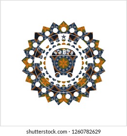 Bitcoin mining trolley icon inside arabic style emblem. Arabesque decoration.