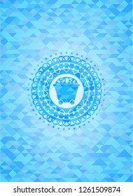 Bitcoin mining trolley icon inside realistic sky blue emblem. Mosaic background