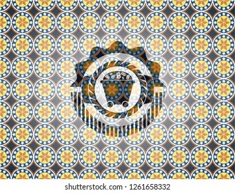 Bitcoin mining trolley icon inside arabesque style badge. arabic decoration.