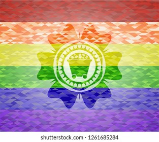 Bitcoin mining trolley icon inside emblem on mosaic background with the colors of the LGBT flag